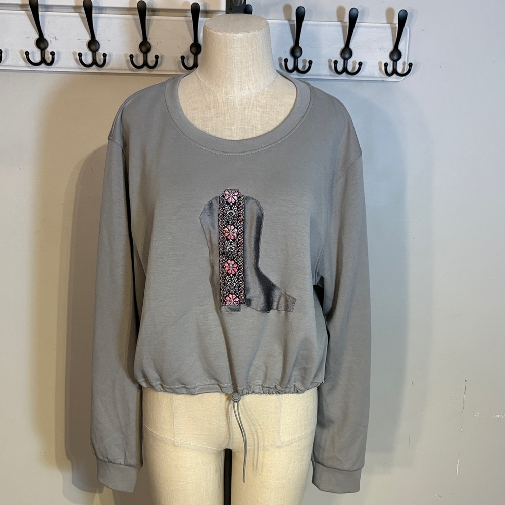 Refashioned Gray Sweatshirt with Cowboy Boot Design XL